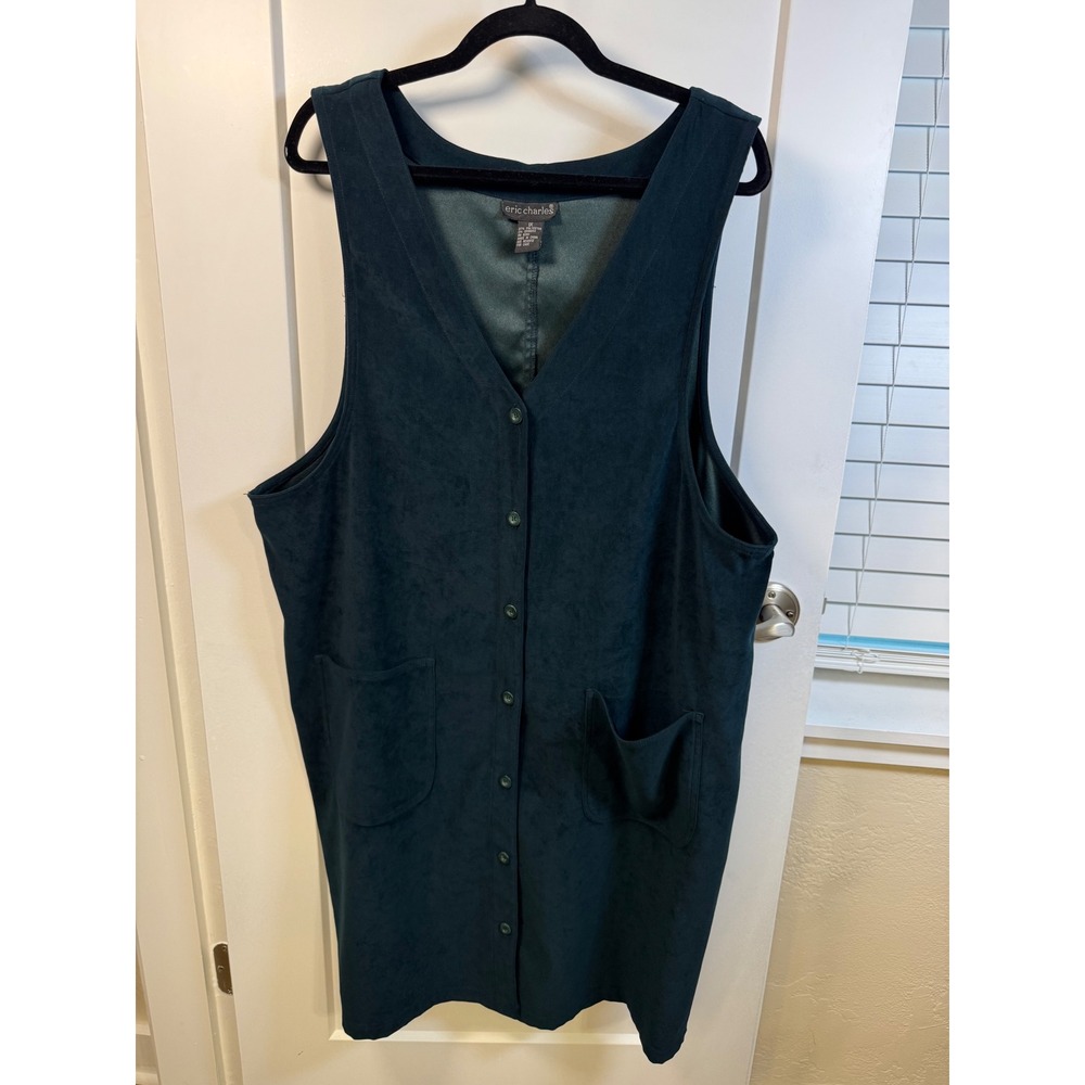 Eric Charles Faux Suede Button Front Jumper Dress Green Plus 1X Pockets Teacher